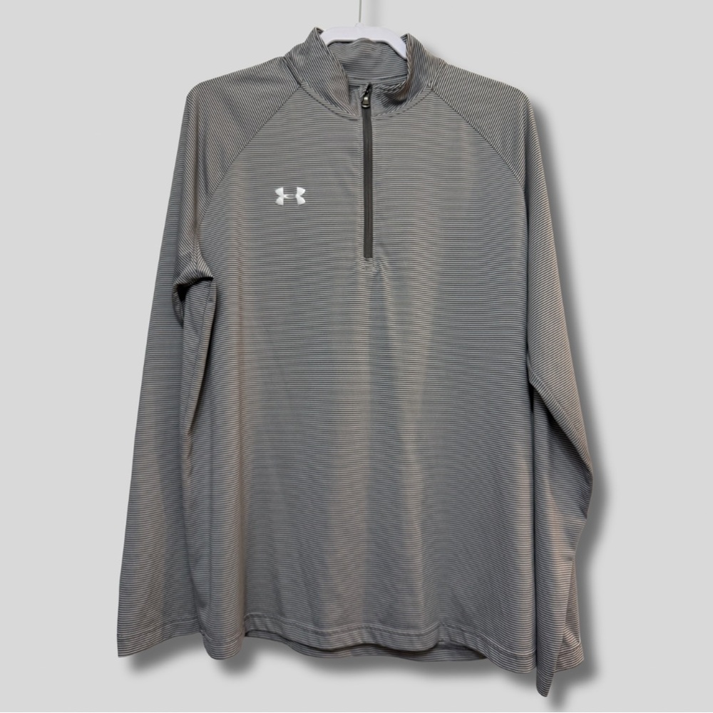 Under Armour Gray Stripe Tech Heat Gear 1/4 Zip Long Sleeve Athletic Pullover XL